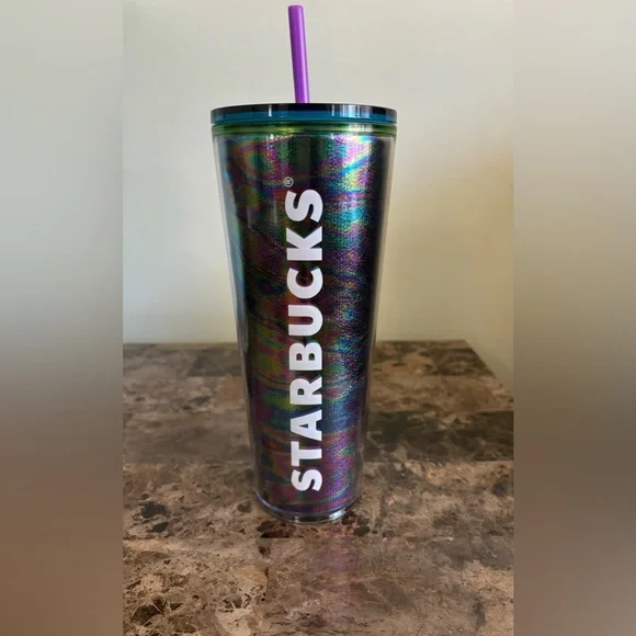 Starbucks Iridescent Tumbler 24 oz Rainbow Marbled Cold Cup Reusable Straw New - Picture 1 of 4